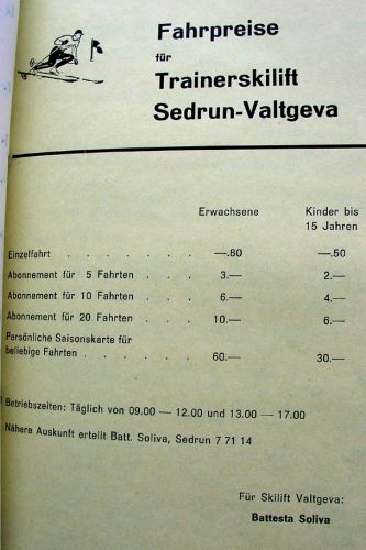 Erste Preistabelle des Skiliftes Valtgeva (1962)
