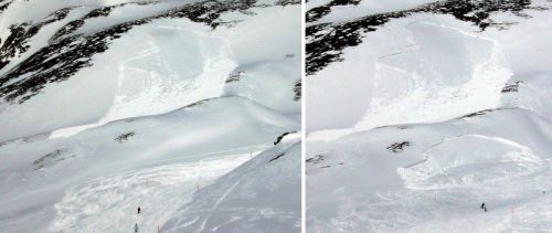 26. März 2008, 13 Uhr und 15 Uhr, Steilhänge beim Val da Stiarls (oberes Schneebrett künstlich ausgelöst, unteres spontan)
