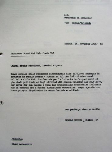 Gesuch für den Bau des Skiliftes Val Val an die Gemeinde Tujetsch (16.11.1979)
