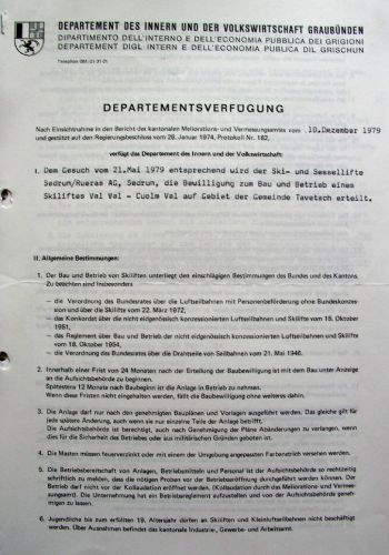Kantonale Bewilligung zur Erstellung des Skiliftes vom 10.12.1979 mit Hinweis auf die Lawinensicherung
