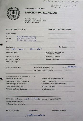 Baubewilligung der Gemeinde Tujetsch, 23.1.1980
