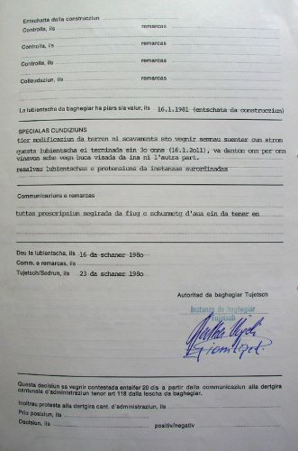 Baubewilligung der Gemeinde Tujetsch, 23.1.1980
