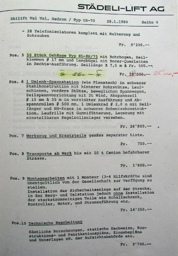 Die aktualisierten technischen Daten (28.1.1980): Gehänge, Spannstation, Transporte, Pläne usw.
