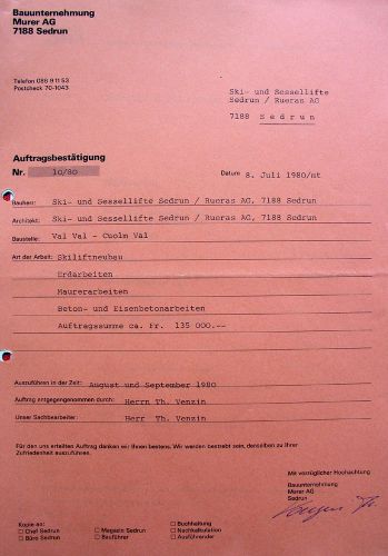 Auftragsbestätigung der Baufirma Murer, 8.7.1980
