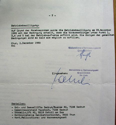 Bericht zur Kollaudation des Skiliftes Val Val durch das Meliorations- und Vermessungsamt Graubünden, 1. Dezember 1980
