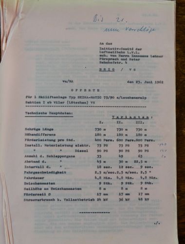 Skima-Offerte für den Skilift Lauchernalp vom 23.6.1962 (Brunner arbeitete nach seinem Streit mit Walter Städeli für die Konkurrenzfirma "Skima" eines Herrn von Arx in Zürich, mit dem er sich ebenfalls verkrachte und sich wenig später wiederum als "Tebru" - wie schon ganz am Anfang - selbständig machte)
