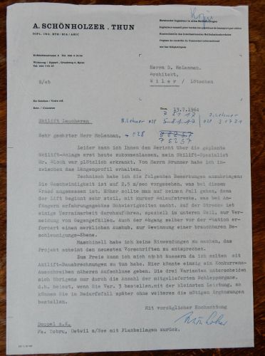 Brief von Architekt Albert Schönholzer (Thun) vom 13.7.1964 an Architekt D. McLennan, Wiler, betreffend "Skilift Laucheren"
