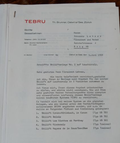 Offerte von Tebru an Innozenz Lehner, Notar in Brig, vom 1.6.1964
