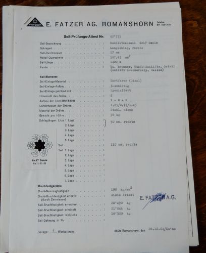 Seil-Prüf-Attest von Fatzer Romanshorn (28.12.1964)
