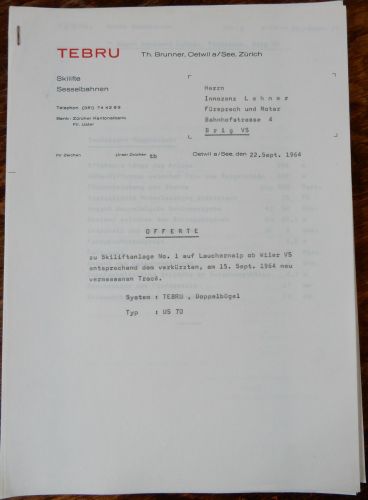 Offerte vom 22.9.1964 von Theo Brunner z.H. Notar Lehner: Offenbar wurde die Trasse des "Skiliftes 1" am 15.9.1964 neu vermessen
