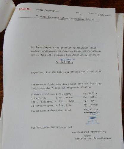 Offerte vom 22.9.1964 von Theo Brunner z.H. Notar Lehner 
