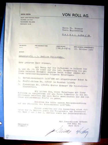 Von-Roll-Brief von 1962 an Theo Brunner, Berechnungen Titlisbahn
