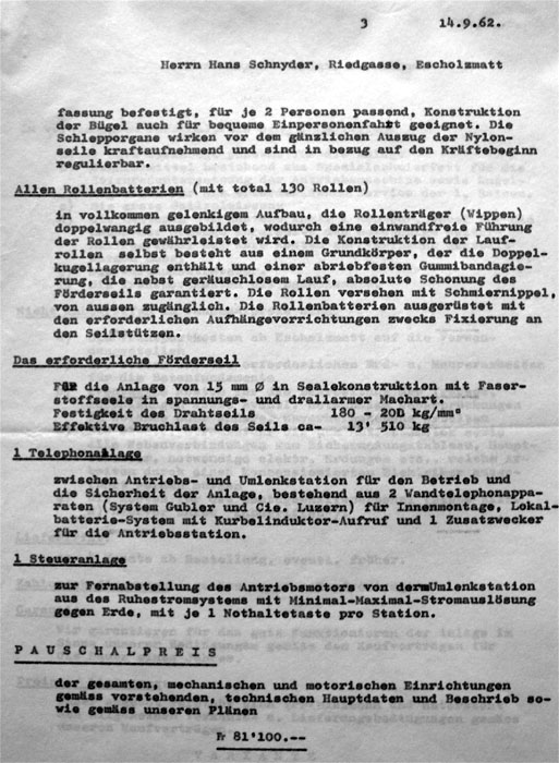 Offerte der Firma Skima für die Erstellung eines Skiliftes "Skima-Matic 40" in Escholzmatt LU (14.9.1962)
