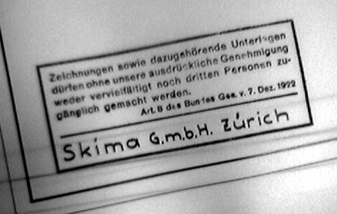 Skima-Stempel. Theo Brunner und die Skima AG lieferten sich später über Jahre einen langwierigen Prozess betreffend Herausgabe von Plänen und Material sowie verschiedener weiterer Punkte (Akten im Archiv skiliftfotos.ch).
