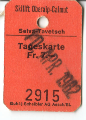 Tageskarte Skilift Calmut (Alpsu), April 1982

