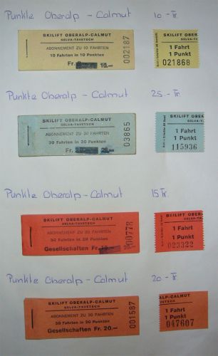 Tickets (vermutlich 1970er-Jahre) des Skiliftes Calmut, aus der Zeit vor der Übernahme durch die Bergbahnen
