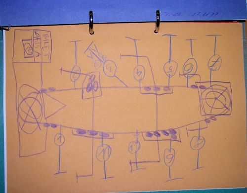 Skiliftzeichnung aus dem Kindergarten, 1977 - sogar mit angeschriebenem Kassenhäsuchen
