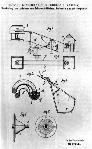Zeichnung der österreichischen Patentschrift "Robert Winterhalde (sic) in Schollach (Baden), Vorrichtung zum Aufziehen von Schneeschuhläufern, Rodlern u.s.w. auf Berghänge". Archiv Fam. Winterhalder
