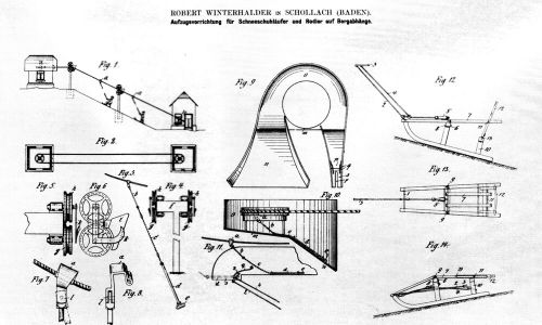Zeichnung aus dem Reichsgebrauchsmuster "Robert Winterhalder in Schollach (Baden), Aufzugsvorrichtung für Schneeschuhläufer und Rodlern auf Bergabhänge": Verbesserte Ausführung mit scharnierartigen Zugorganen, die u.a. Pendeln und Überschlagen verhindern sollen. Archiv Fam. Winterhalder - [url=http://www.alpinforum.com/forum/viewtopic.php?t=25514]Hier ein Zeitungsartikel von 2008[/url]

