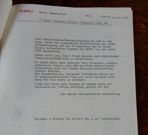 Offerte des später tatsächlich gebauten Tebru-Skiliftes Lauchernalp vom 1.6.1964. Mehr Briefe, Pläne und Offerten [url=http://www.jacomet.ch/themen/skilift/album/thumbnails.php?album=45]hier[/url].
