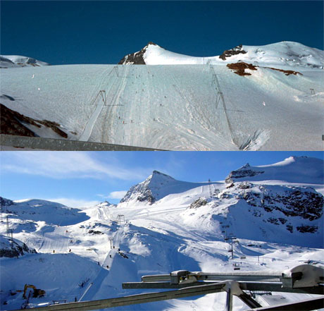 Gletschervergleich Juli 1981 und November 2008 - schockierend... (Foto oben: intermezzo / Foto unten: skiliftfotos.ch, vom selben Ort aus aufgenommen, nämlich der Talstation der Klein-Matterhorn-Bahn) - Ich tippe darauf, dass das heutige Sommerskigebiet etwa im Jahre 2040 eisfrei sein sind.
