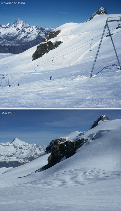 Plateau Rosa: November 1984 (oben) und Mai 2006 (unten)
