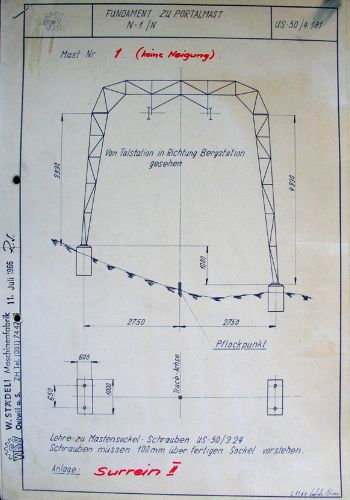 Portalmast US-50 (zum nie verwirklichten Skiliftprojekt [url=http://www.jacomet.ch/themen/skilift/album/thumbnails.php?album=18]Surrein[/url] II in Sedrun), 1966 (Archiv Bergbahnen Sedrun)
