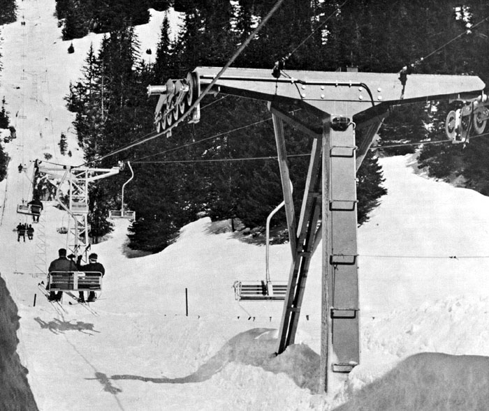 Sessellift Plaun-Scansinas in Laax (ersetzt 1988 durch Poma 4SB heute 2 Sektion Arena-Express), aus USA-Städeli-Broschüre, ca. frühe 1970er-Jahre
