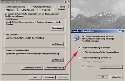 So stellt man die Fehlerberichterstattung ab: Rechtsklick auf den Arbeitsplatz, Erweitert, Fehlerberichterstattung, deaktivieren - fertig!