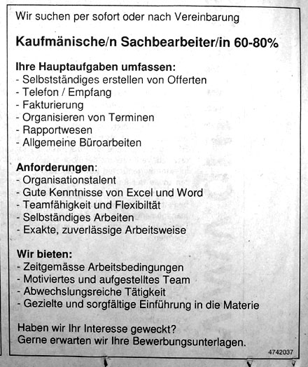 Stellenanzeige ohne Adressangabe, "Bund" vom 7. April 2007