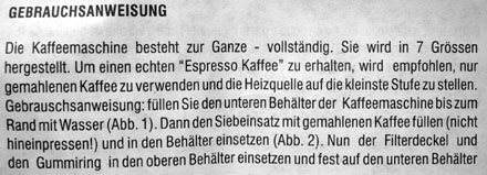 Gebrauchsanweisung einer Bialetti-Kaffeemaschine (zur Ganze, im Fall!)
