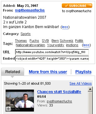 Screenshot aus YouTube, 3. Juni 2007 - will Thomas Fuchs die SVB wieder einf&uuml;hren, oder ist das eine neue Partei?