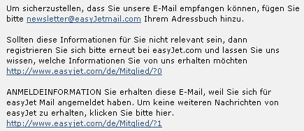 easyJet-Newsletter: Anstatt Inhalt viel Blabla - und sinnlose Links