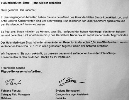 Brief der Migros vom 2.8.2007