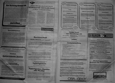 Stellenanzeigen in einer NZZ von 1985 (Klicken für grosse Fassung von zwei Seiten Stelleninseraten)