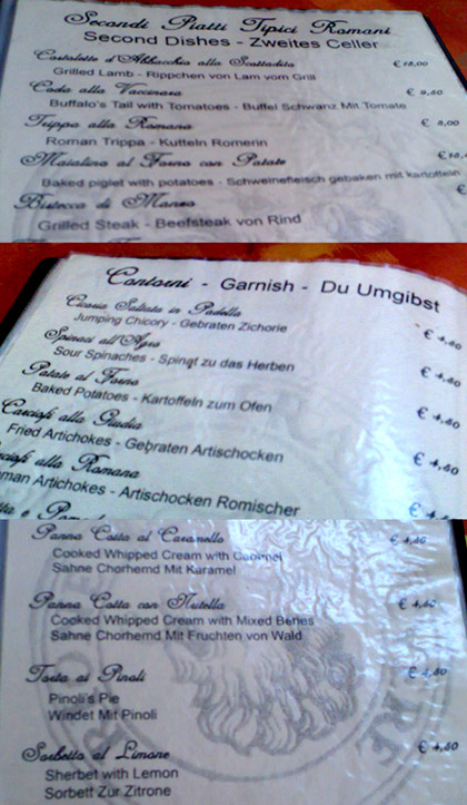 Speisekarte in Rom: Buffel Schwanz oder Chorhemd? (September 2007 - Klicken für grössere Fassung)