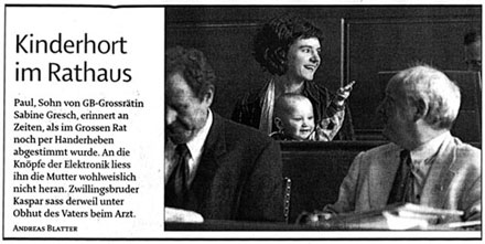Sabine Gresch und Paul im Grossen Rat (Berner Zeitung, Februar 2005)