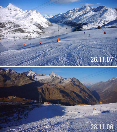 Vergleich der Schneeverhältnisse 2006/2007 - vor einem Jahr hatte es bloss Kunstschnee