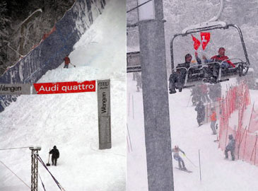 Lauberhorn 2008: Slalom wetterbedingt am Samstag - Helfer schaufeln den Schnee aus dem Zielschuss (Fotos: Sebastian Hueber für JacoBlök)
