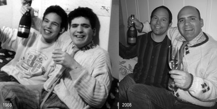 Schülerzeitungsmacher anno 1988 und 2008 - die Zeit hat ihre Spuren hinterlassen! (Fotos: Stefanie Jacomet 1988 / Lucinda Tanner 2008)