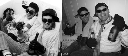 Schülerzeitungsmacher anno 1988 und 2008 - die Zeit hat ihre Spuren hinterlassen! (Fotos: Stefanie Jacomet 1988 / Lucinda Tanner 2008)