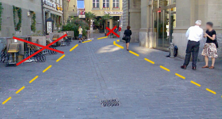 Rund ums Kornhaus: Zu viele Aussenbestuhlungen schaffen Platzmangel für ein vernünftiges Nebeneinander von Fussgängern und Velofahrern