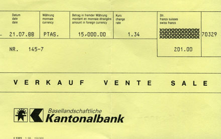 Pesetas Wechseln bei der BLKB in Sissach, 21. Juli 1988